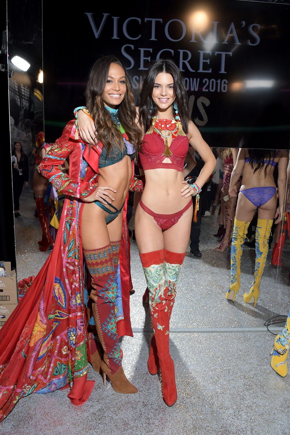 PARIS, FRANCE - NOVEMBER 30: (L-R) Joan Smalls and Kendall Jenner pose backstage during the Victoria's Secret Fashion Show on November 30, 2016 in Paris, France. (Photo by Dominique Charriau/Getty Images for Victoria's Secret)